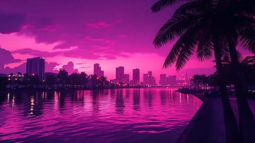 Neon tide kisses the city skyline under electric magenta