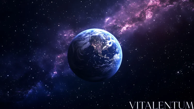 Planet Earth floating in deep space against star field.