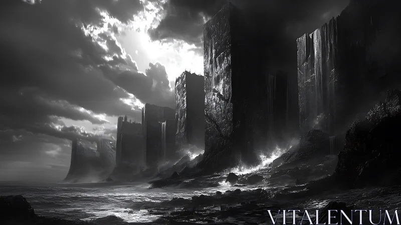 Vertical rock formations rise along a monochrome coastal shore