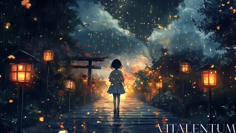Solitary figure walks on lantern-lit path under rainfall