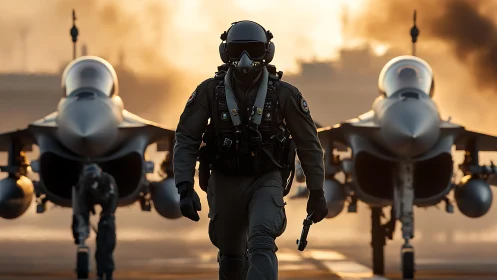 Sunlit fighter pilot strides confidently between two jets