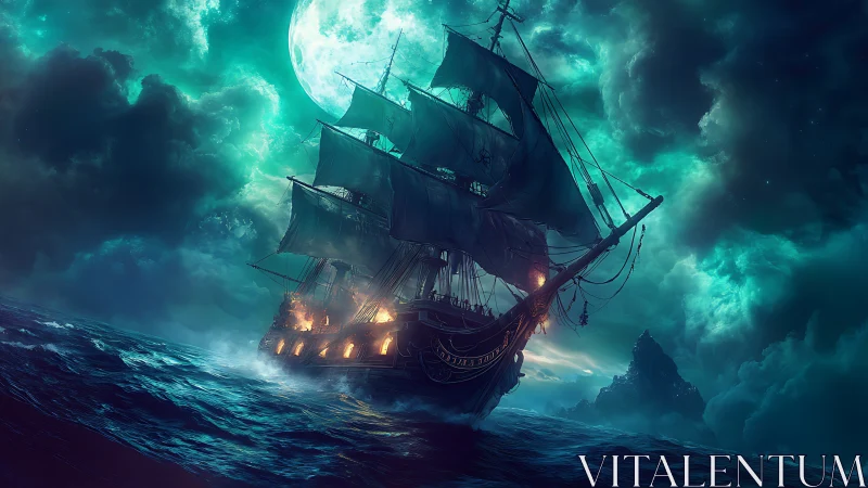 Sailing ship cuts through moonlit storm sea under glowing sky