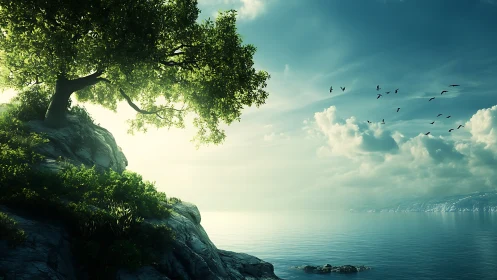 Ancient tree crowns serenity overlooking emerald waters and distant cliffs.