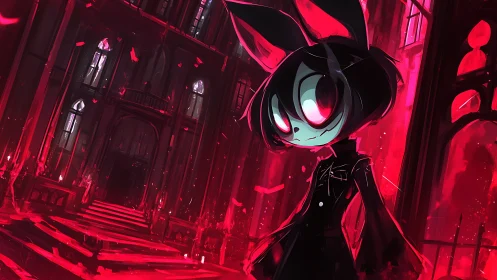 Dark bunny character in red gothic cathedral scene.