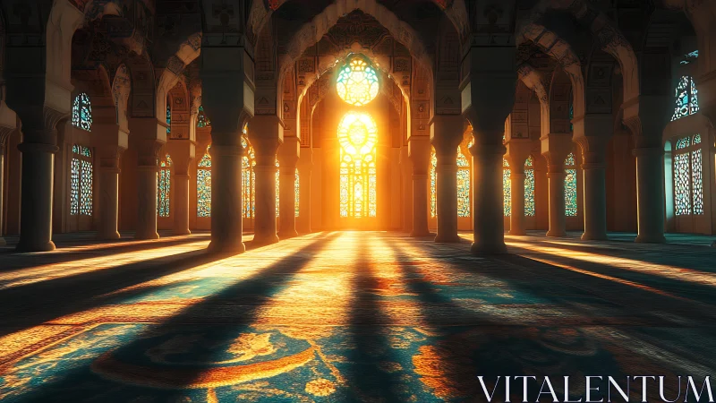 Golden sunrise filling a tranquil, ornate hall with warmth.