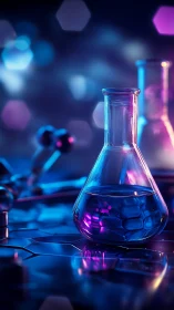 Luminous lab flask glows amid futuristic blue science haze