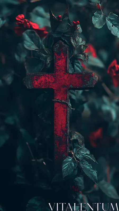 Weathered red metal cross entwined with dark teal rose foliage