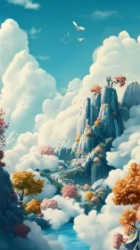 Fantasy mountain path winds through clouds and pastel trees