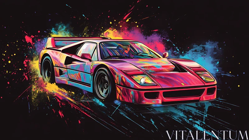 Color-drenched sports car races through bold neon paint splashes