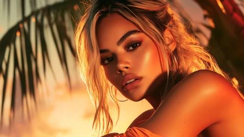Sunlit tropical portrait glows in warm golden sunset hues.
