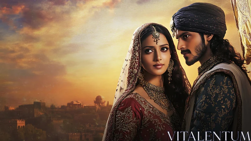 Royal couple gaze against a golden sunset over ancient city