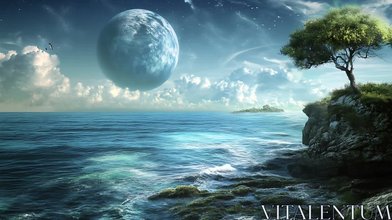 Alien World Beyond: Planet Rising Over Mystical Ocean.
