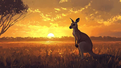 Golden sunset frames solitary kangaroo on tranquil grassland.