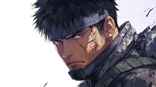 Battle-worn soldier holds a steady, unshakable gaze.