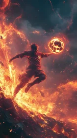 Flaming soccer hero leaps through a storm of swirling fire.