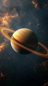 Ringed gas giant planet rendered against dense starfield