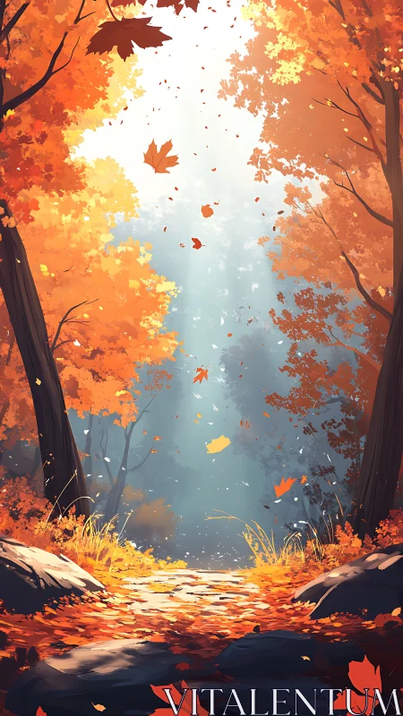 Autumn Forest Canopy: Luminous Foliage and Falling Leaves Under Open Sky