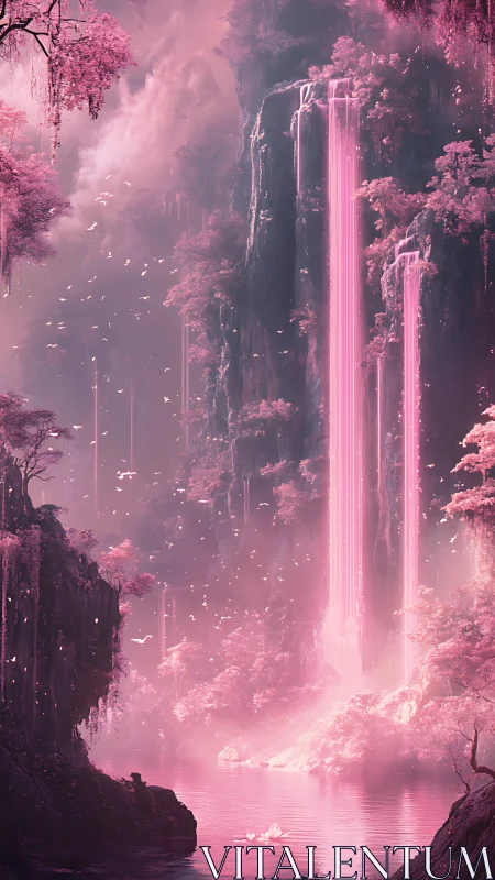 Bioluminescent pink waterfalls cascade through ethereal ravine