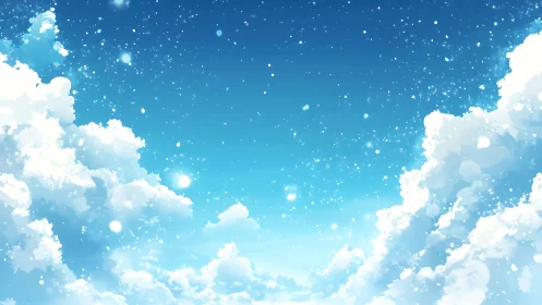 Sunlit cumulus clouds beneath sparkling azure sky.