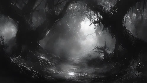 Fog-choked haunted forest corridor reveals distant glow