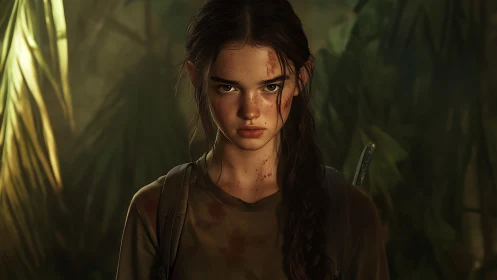 Battle-worn adolescent tracker in dense jungle light field.