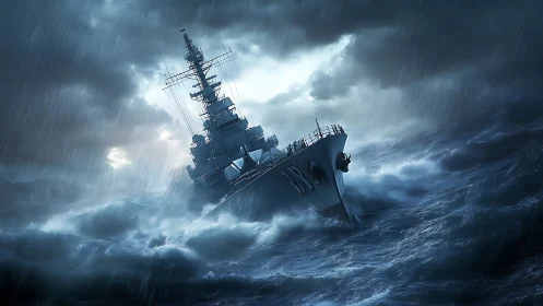 Warship plows through storm surge under dramatic cinematic lighting