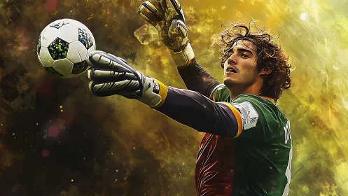 Goalkeeper reaching for soccer ball in dynamic play.