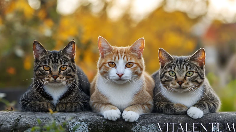 Three Tabby Cats Resting on Stone Surface Outdoors.