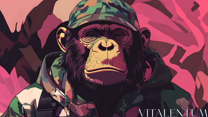 Camouflage chimp commander studies abstract pink terrain.