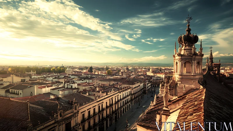 Golden evening over a historic sunlit European rooftop city.