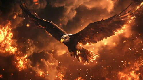 Majestic Bald Eagle Soaring Amid Fiery Flames in Dramatic Art.