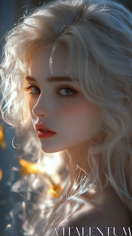 Sunlit silver-haired muse in glimmering autumn hush.