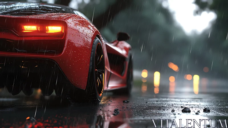 Red sports car rear in heavy rain on wet reflective road
