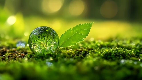 Glass sphere and leaf resting on vivid green moss bed.