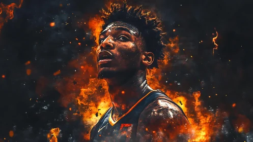 Fiery basketball hero rising through swirling sparks of night.
