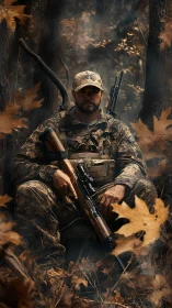 Camouflaged forest sniper resting with rifle in autumn leaves.