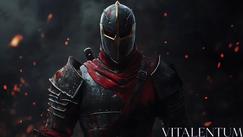 Brooding armored knight amid embers in cinematic gloom.