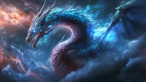 Luminous sky dragon resting in swirling stormlit clouds.