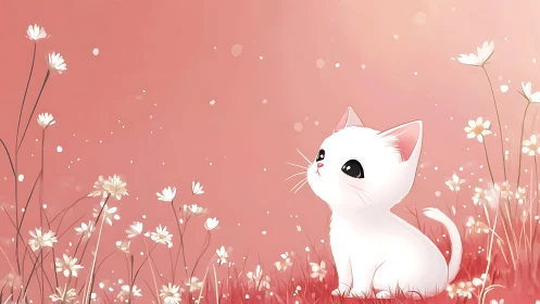 White Kitten Among Soft Pink Cosmos Meadow.