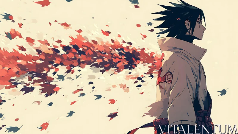 Solitary anime figure with trailing abstract leaf forms.