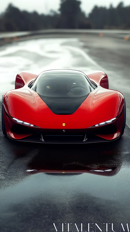 Red futuristic supercar on wet track at dawn.