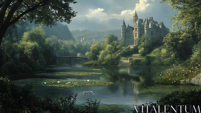 Riverside castle with surrounding forest, bridge, and swans.