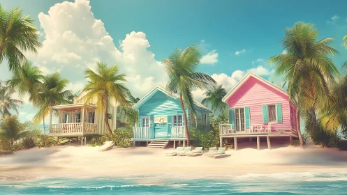 Colorful beach cabins with palm trees in coastal light.