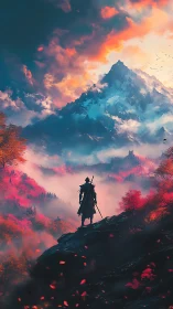 Solitary cloaked warrior surveys misted valley beneath flaming clouds