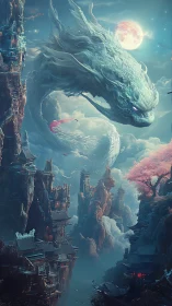 Mythic sky dragon over vertical wuxia megastructures.