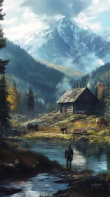 Digital painting of alpine cabin refuge with lone hiker perspective.