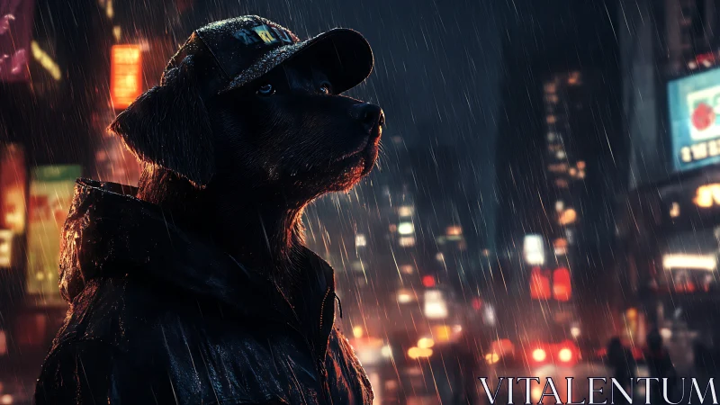Dog in raincoat and cap under city lights at night.