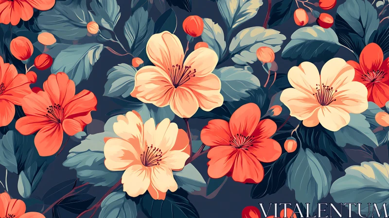 Coral and Cream Blooms Dance Over Deep Navy Garden.