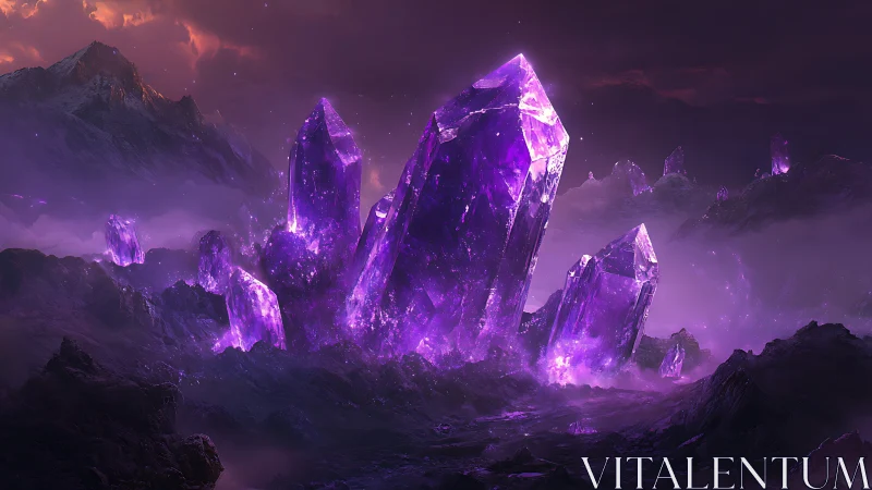 Midnight amethyst monoliths ignite a mist-wreathed valley.