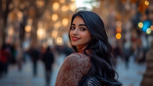 City lights crown her quiet confidence in soft golden blur